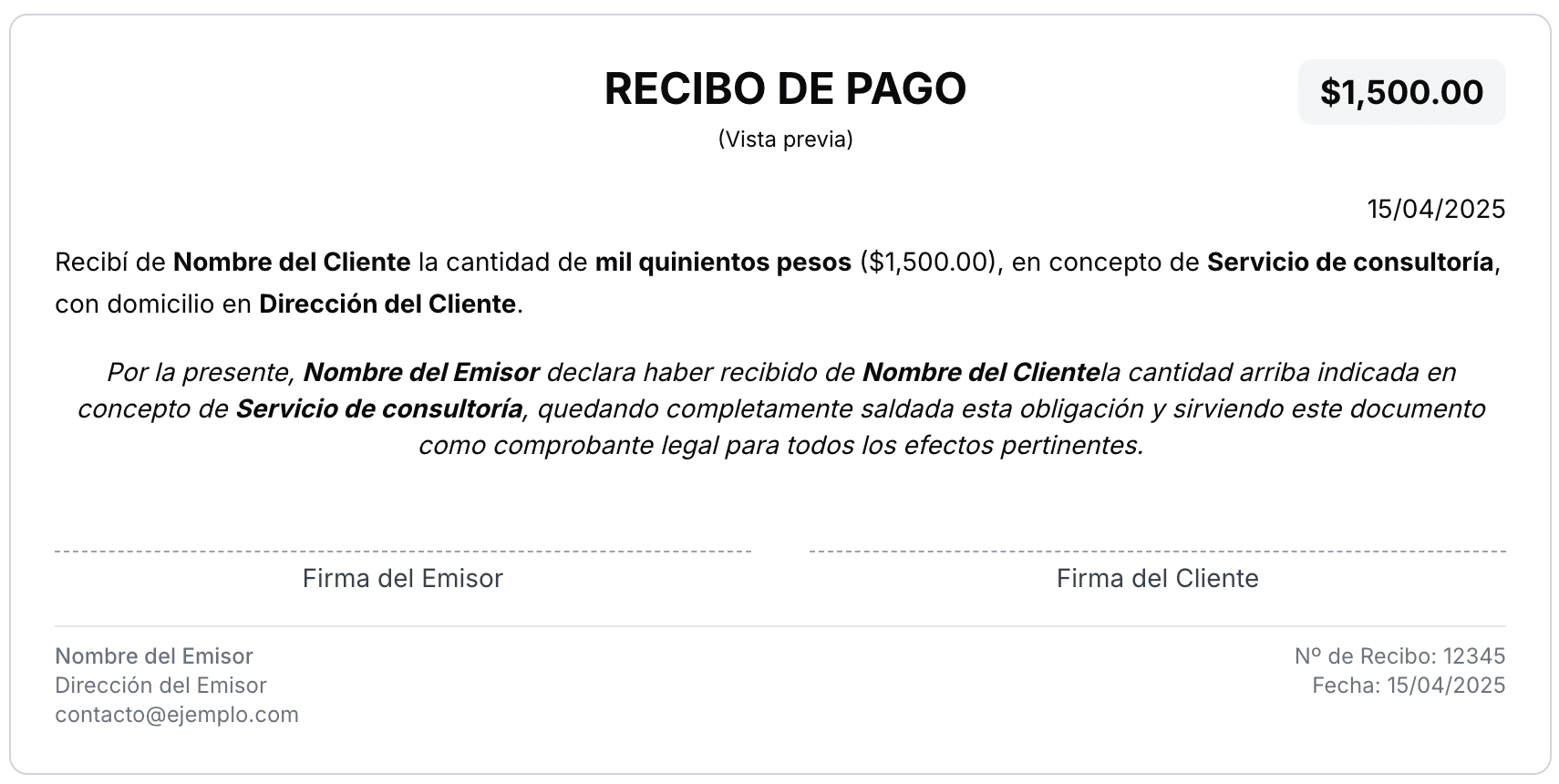 Ejemplo de recibo de pago